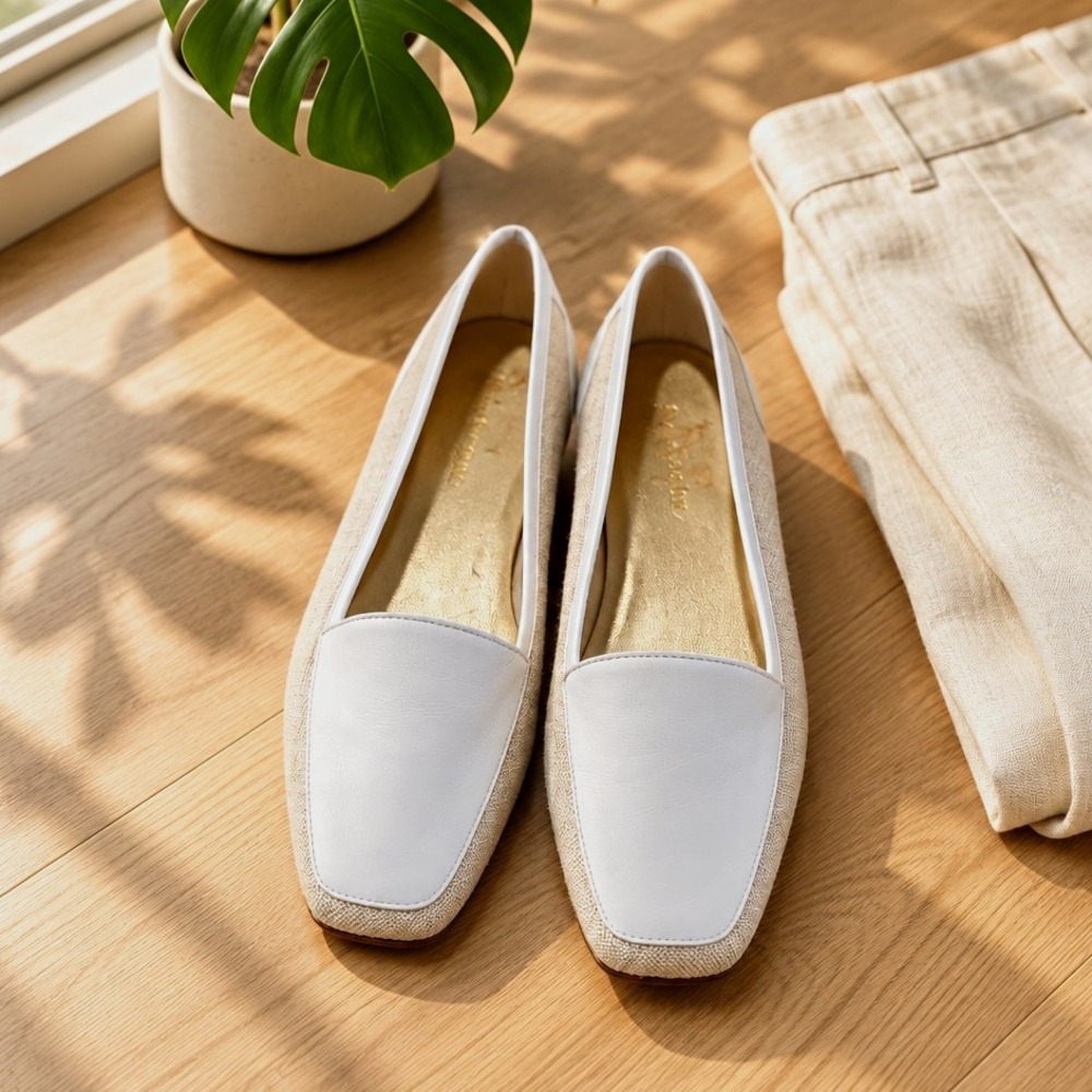 Enzo Angiolini Vintage White Leather & Linen Square Toe Flats Women's 7.5